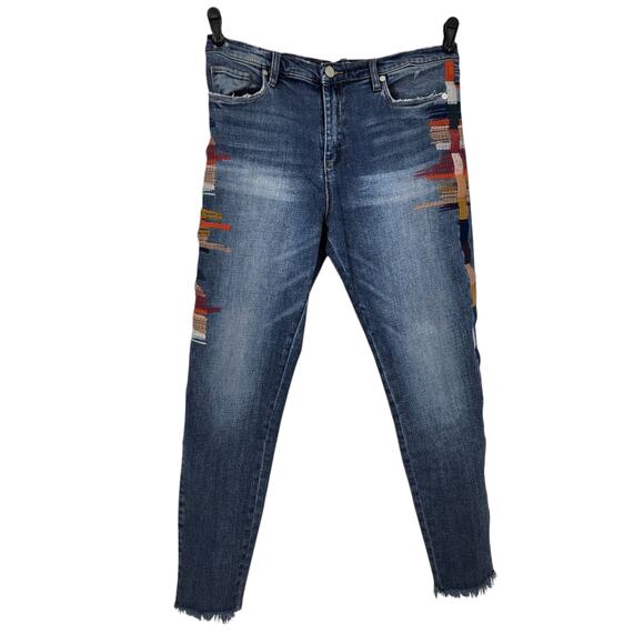 Blank NYC Whisker Striped Cropped Distressed Hem Embroidered Jeans Size 30 - Picture 1 of 5